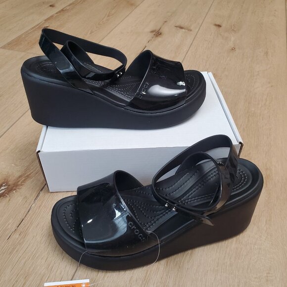 Crocs Brooklyn High Shine Ankle Strap Womens Wedge Black US Size 7 Shiny Heel - Picture 2 of 12